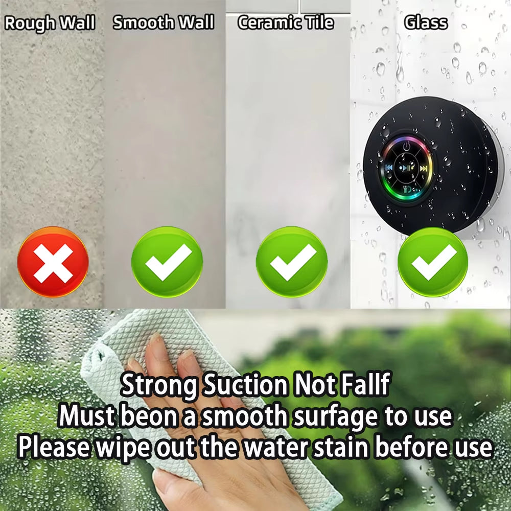 Portable Waterproof Bluetooth Speaker – LED, Suction Cup, Wireless