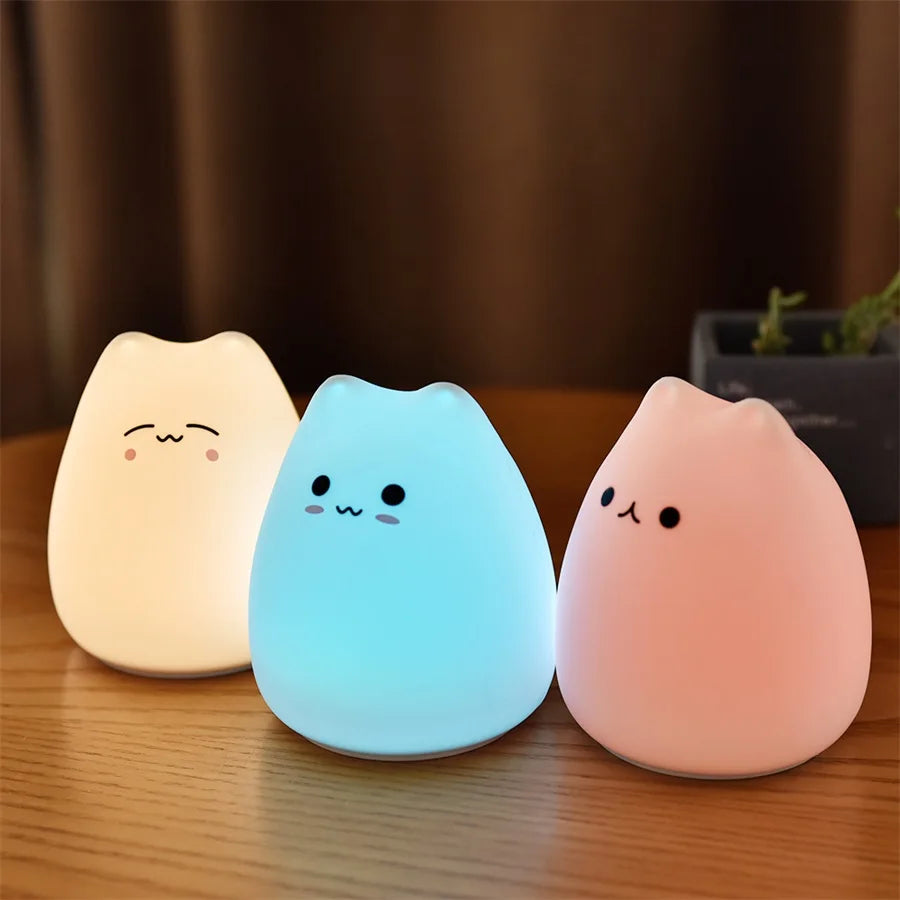 Mini Cat Baby Night Light | 7-Color Touch LED Bedside Lamp