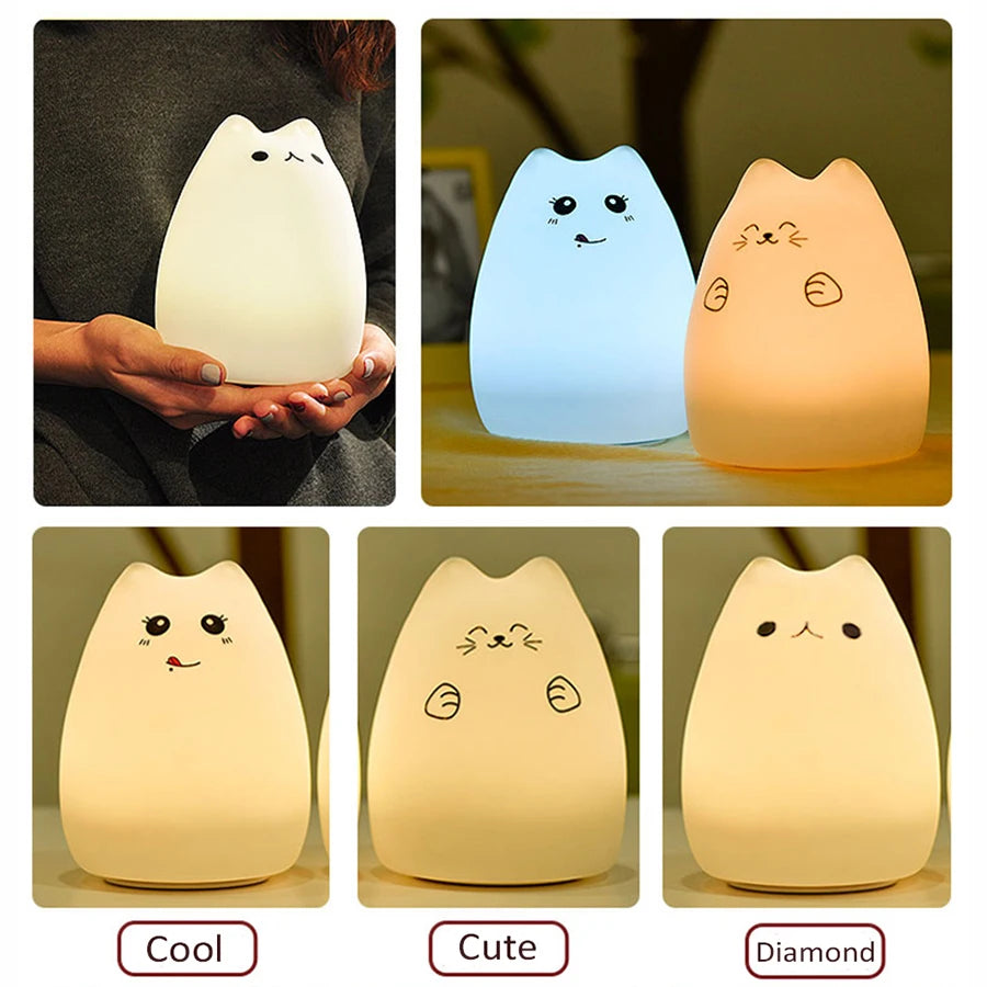 Mini Cat Baby Night Light | 7-Color Touch LED Bedside Lamp