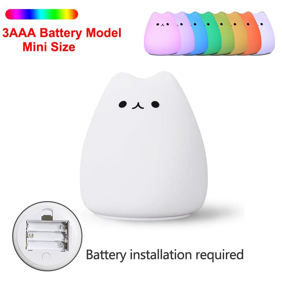 Mini Cat Baby Night Light | 7-Color Touch LED Bedside Lamp