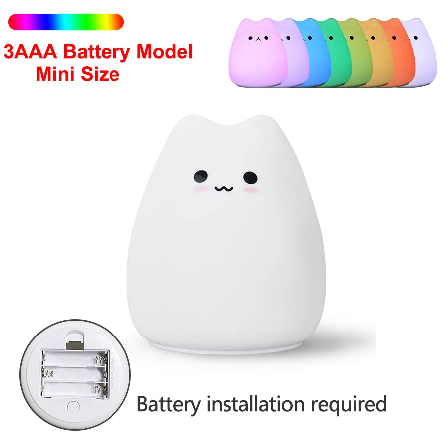 Mini Cat Baby Night Light | 7-Color Touch LED Bedside Lamp